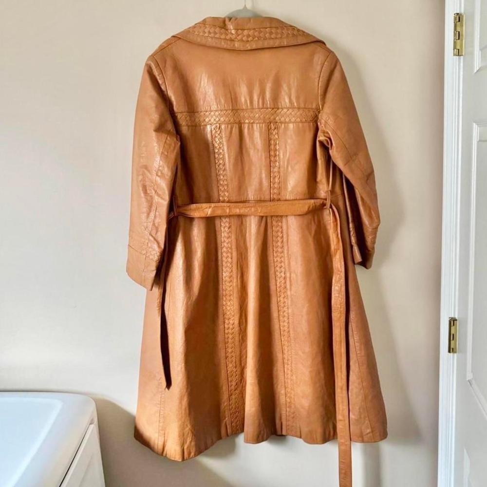 Vintage 70s Cognac Leather Trench Coat Woven Braided - Picture 4 of 11